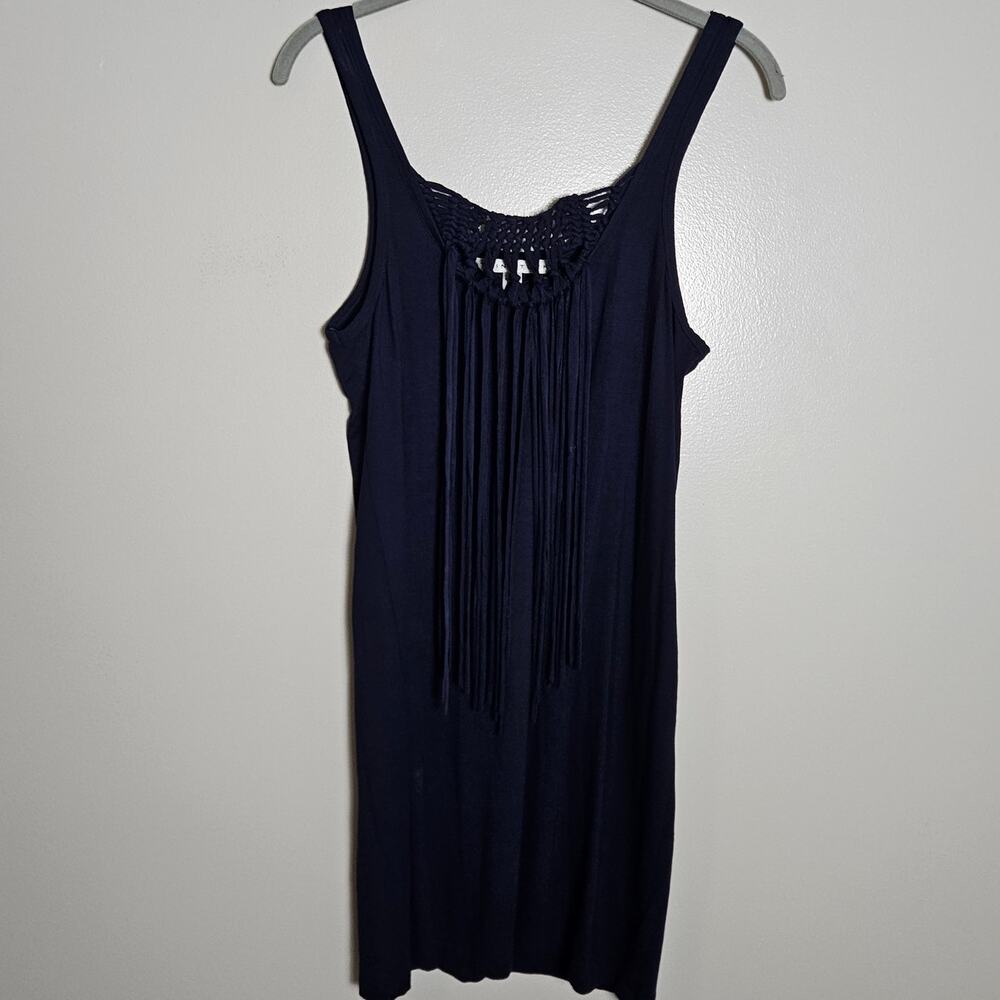Trina Turk Althea Fringe Navy Blue Tank Style Dress Sz Small Petite - Picture 2 of 13
